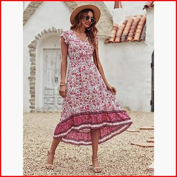 Summer Maxi Dress Floral V Neck Cap Sleeves Boho High Low Flowy Midi - Picture 4 of 7